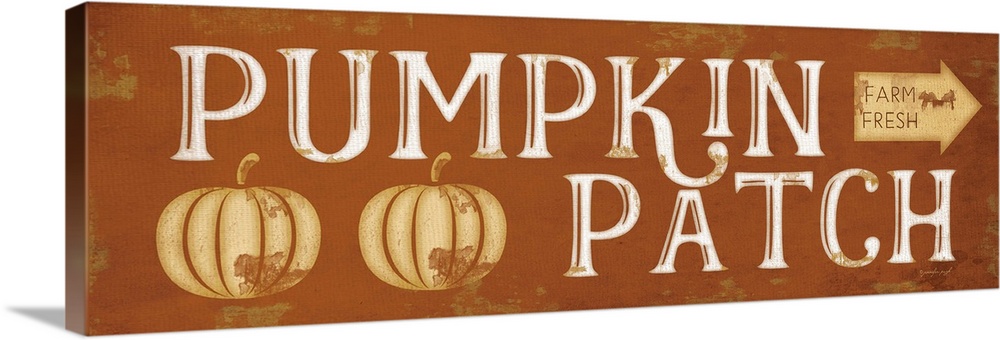 Fall decor sign with the words, "Pumpkin Patch" and an arrow to mark direction.