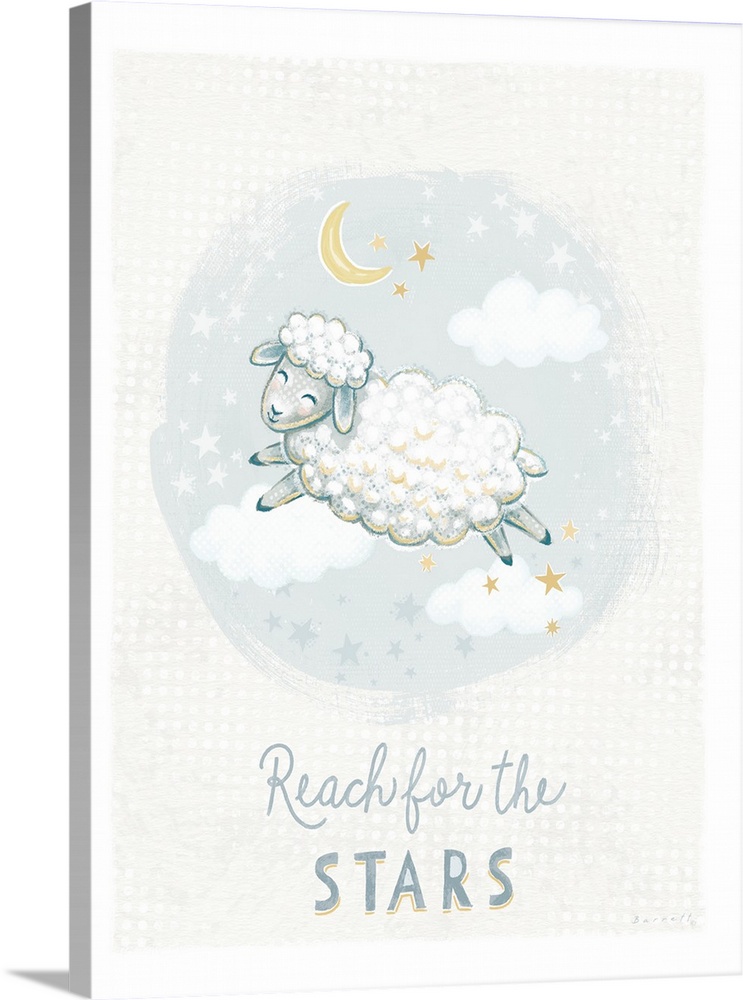 A sweet and softly rendered painting of a sheep in the cloudsoperfect for any nursery.