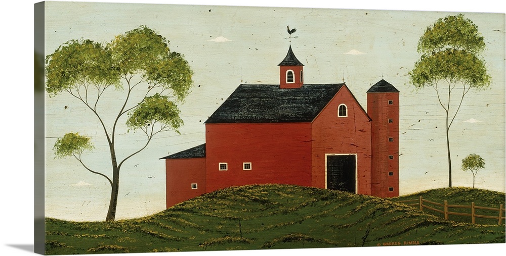 Folk art featuring a farm building and three trees with a wooden fence on a rolling hill with clear skies.