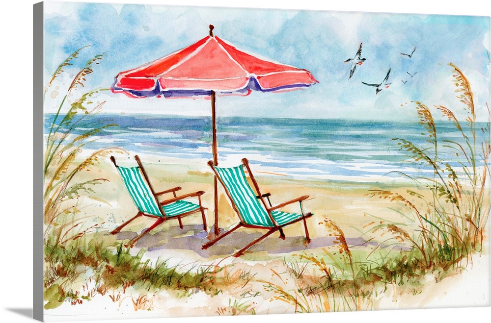 A wispy watercolor feel evokes a sunny day by the shore.