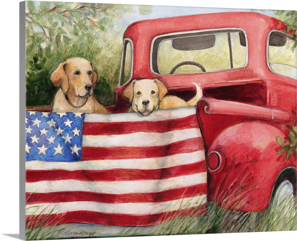 Red trucks and dogs capture the American spirit with this painting in your home.