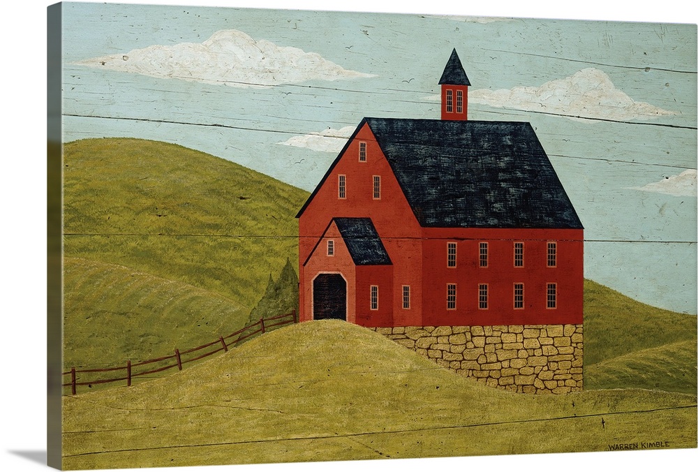 Simplistic drawing of a red barn built up on a stone foundation nestled in the rolling green countryside hills.