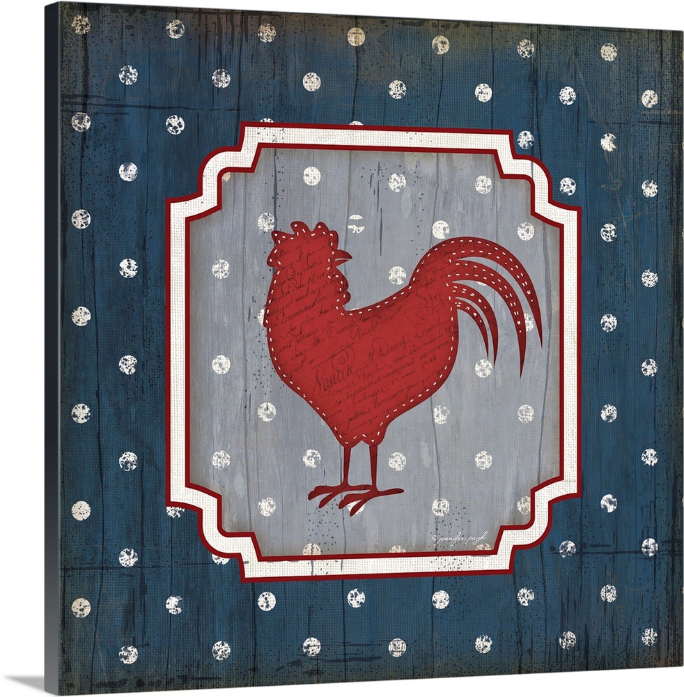 An Americana themed artwork featuring a rooster on a polka dot background.