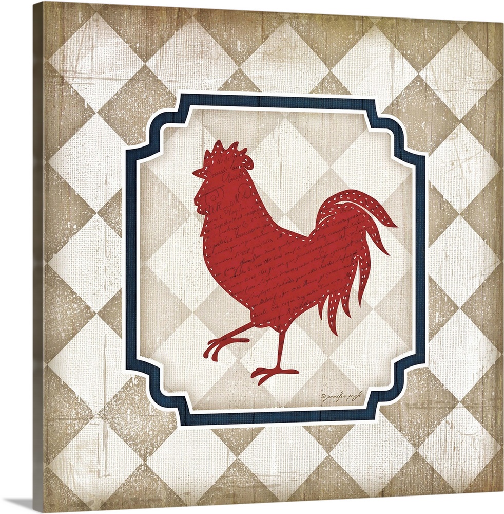 An Americana themed artwork featuring a rooster on a checkered background.