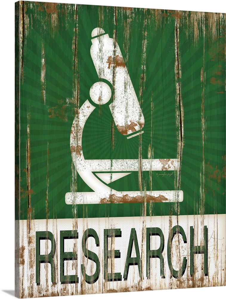 This distressed decor features a microscope with the word, "Research" underneath.