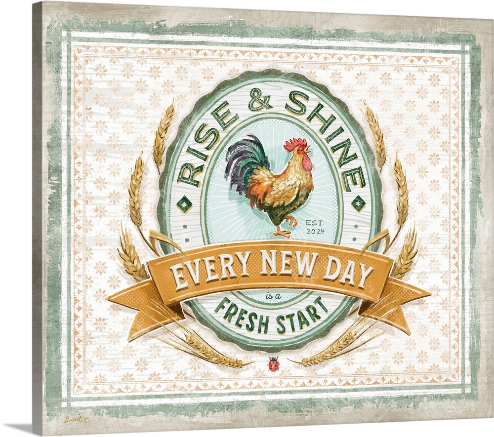 Vintage farmhouse signage of the proud rooster evokes a sophisticated country style