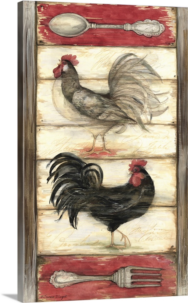 Sophisticated country rooster on wood backdrop with utensil motifs for cutting edge statement.