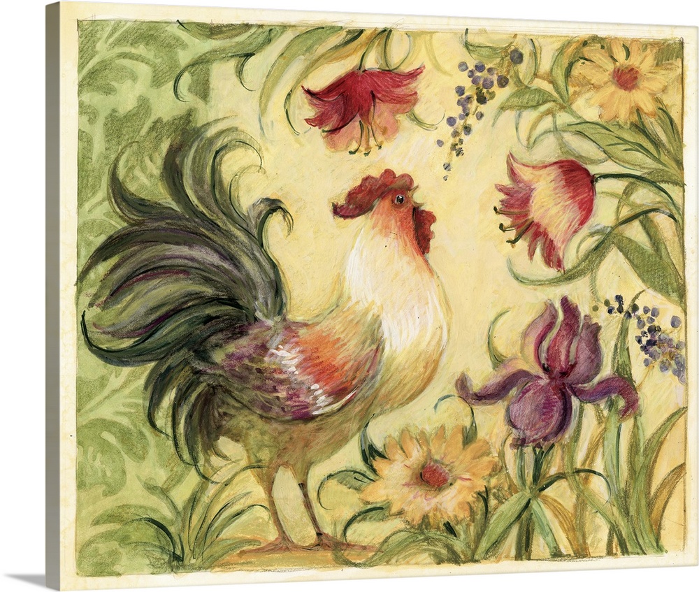 Rooster framed in flowing floral trail works in any home decor statement