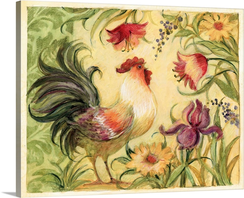 scalloped edges, rooster on basket with flowers- SIGNED & hand painted main image 1