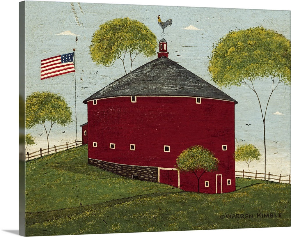 Horizontal, folk art painting on a big wall hanging of a red, round barn on a hillside, surrounded by trees and an America...