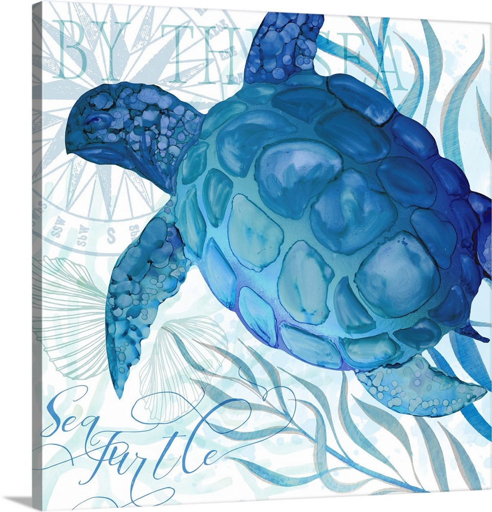 The beauty of ocean life is on display with this blue-toned turtle scene.