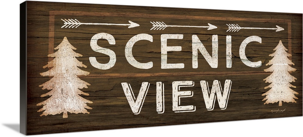 Contemporary cabin decor artwork of a wooden sign for Scenic View.