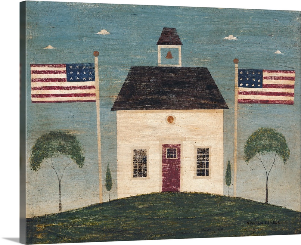 Landscape folk art on a large wall hanging of a small school house on a hill, a mirror image on each side of two American ...
