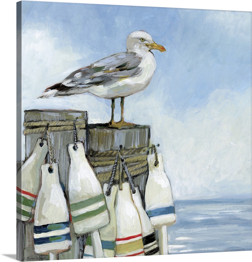 This seagull stands tall on top of the buoy-adorned pier, perfect for coastal and nautical decors.