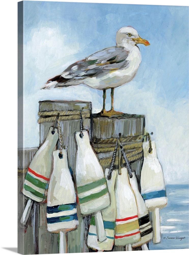 This seagull stands tall on top of the buoy-adorned pier, perfect for coastal and nautical decors.