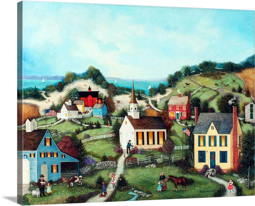 A contemporary painting of a bay side village scene.