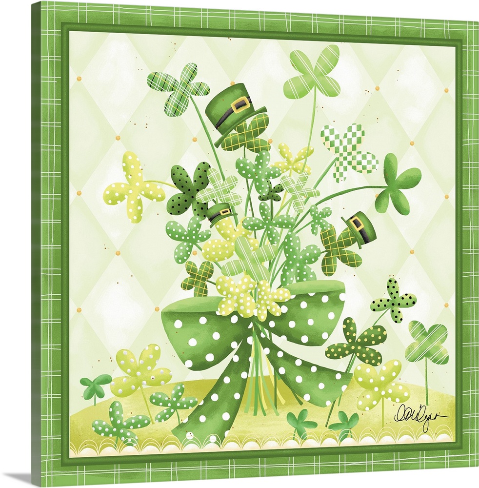 Cute St. Patrick's Day artwork of leprechaun hats and lucky four-leaf clovers.
