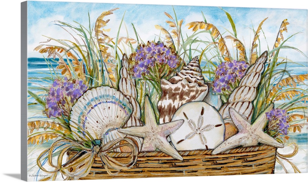 A rustic basket overflowing with seashells captures nature in all its beauty.
