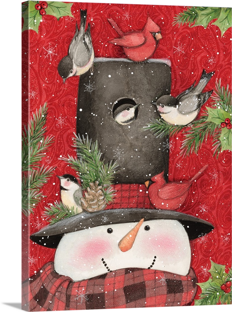 Whimsical Snowman with his cardinal friends captures the fun of the holiday!