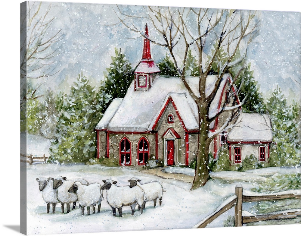 Snowy Church With Sheep