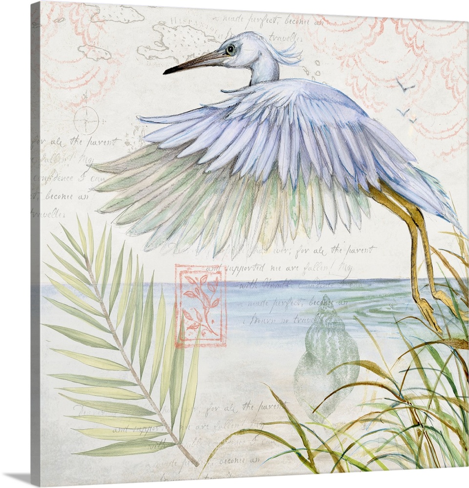 Softly hued scene featuring a flying snowy egret is a subtle and tasteful coastal statement.