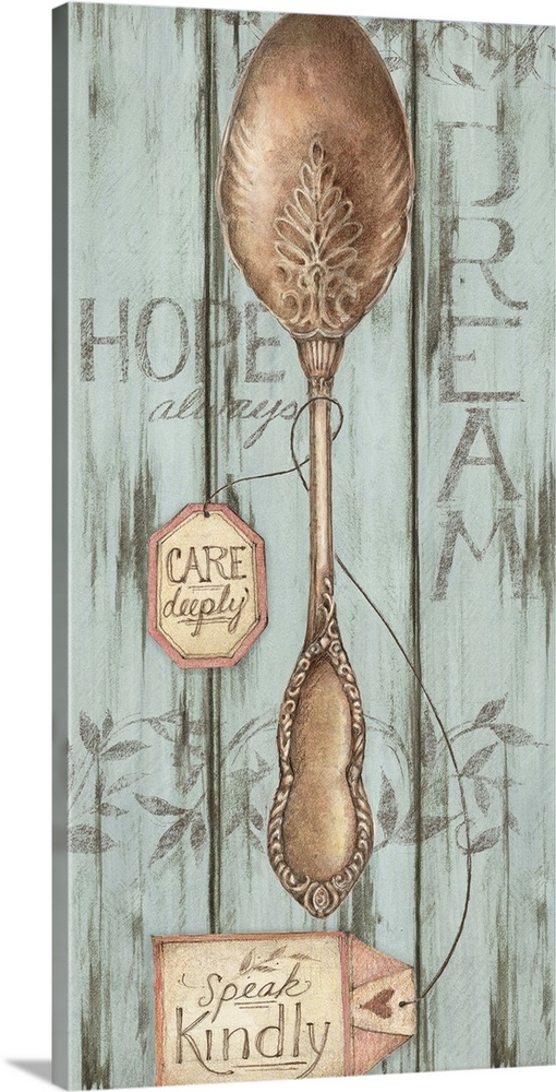 This faux wood image features a vintage spoon and teabag a great decor look for kitchen or dining room