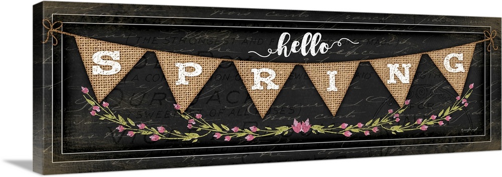 "Hello Spring" on a bunting banner with flowers.