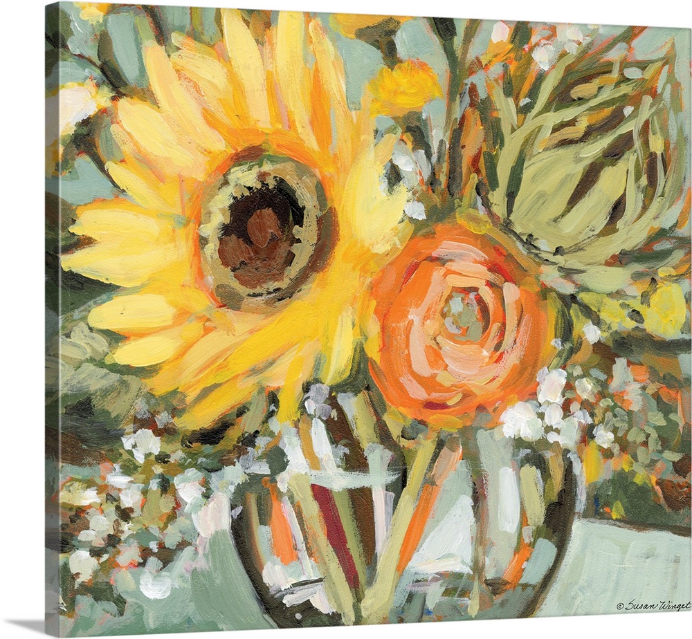 This striking sunflower bouquet adds a dramatic statement to any room