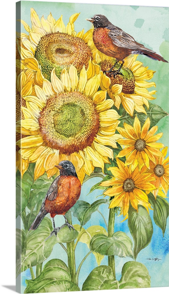 Sunflowers are the star of this lovely illustration, adding a splashy of sunny warmth to any room.