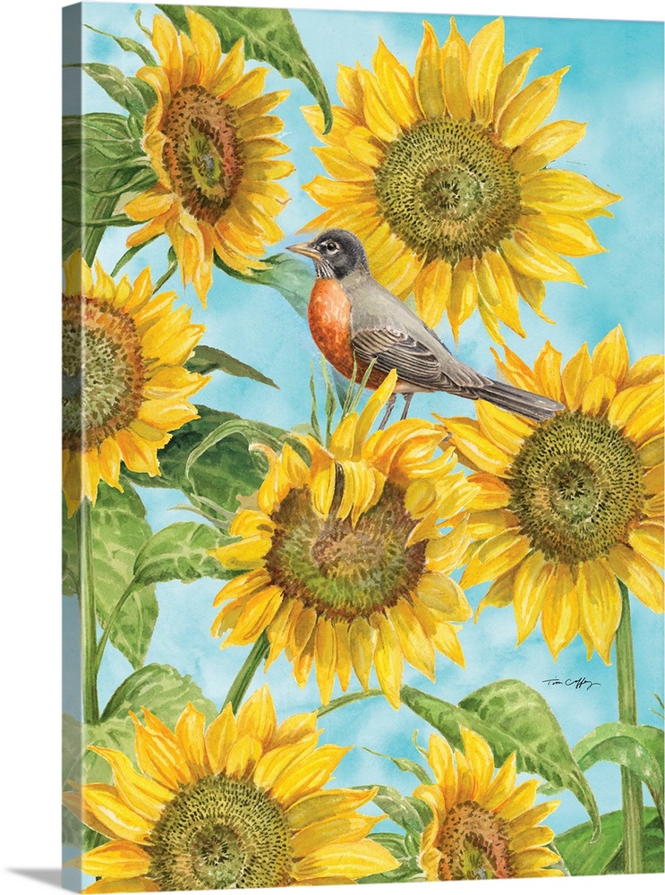 Sunflowers are the star of this lovely illustration, adding a splashy of sunny warmth to any room.