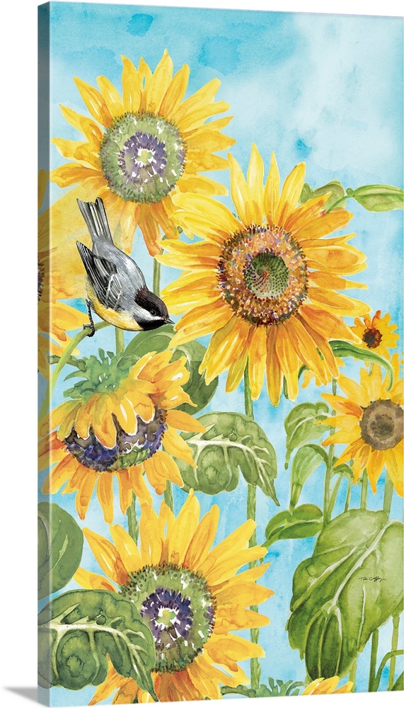 Sunflowers are the star of this lovely illustration, adding a splashy of sunny warmth to any room.