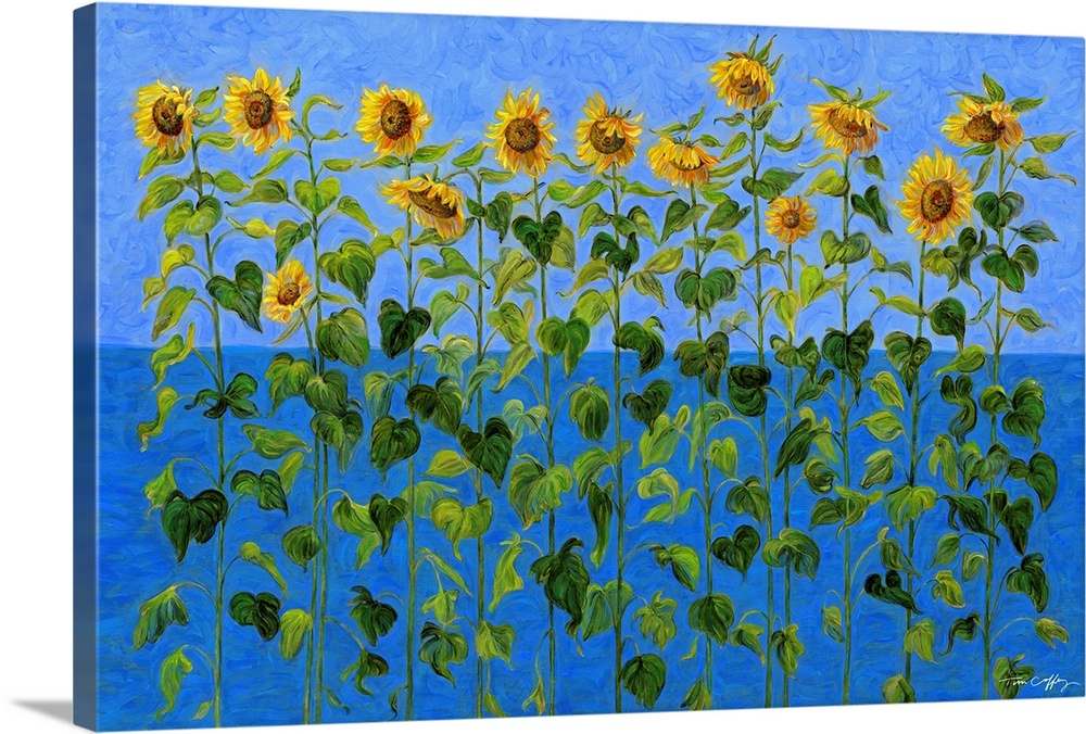 Contemporary, naturalistic sunflowers create bold color and form story