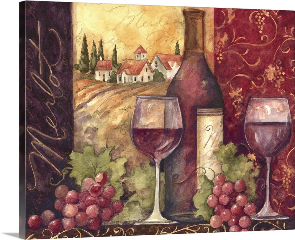 A painting of two glasses of Merlot wine and a wine bottle with grapes in front of a Tuscan vineyard.