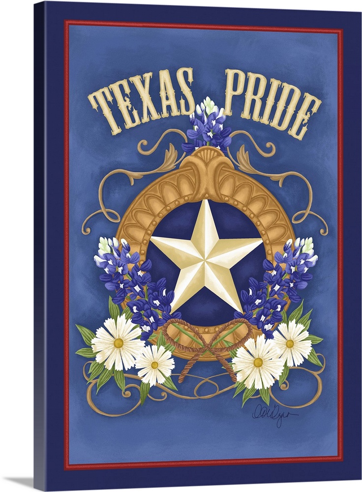 Texas gets the star treatment here, adorned with the lovely Blue Bonnet state flower.
