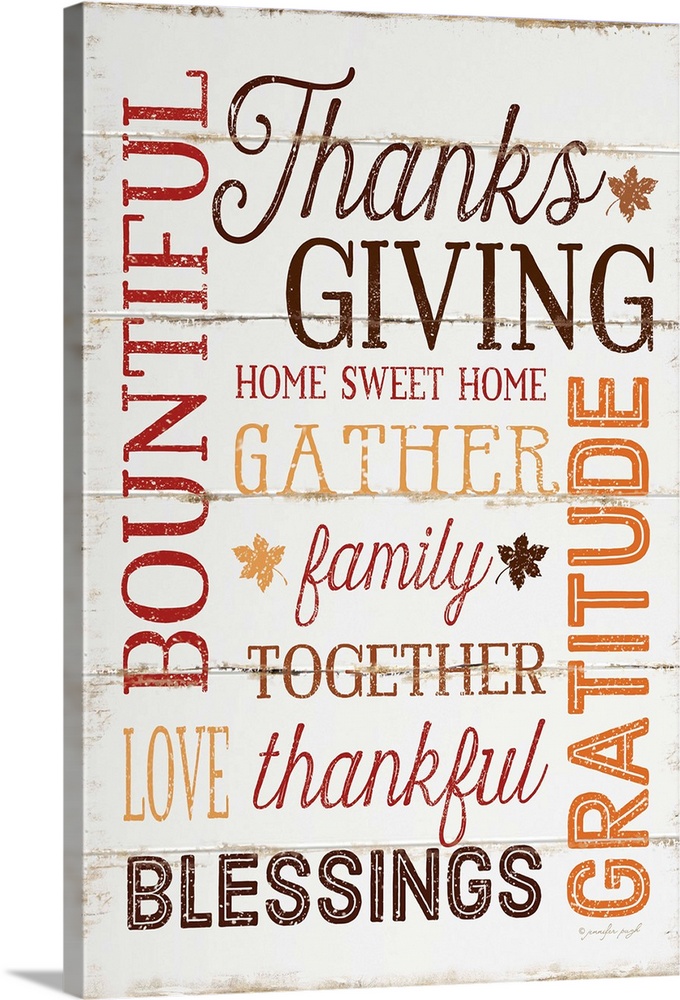Thanksgiving themed typography artwork in festive fall colors against a rustic wooden background.