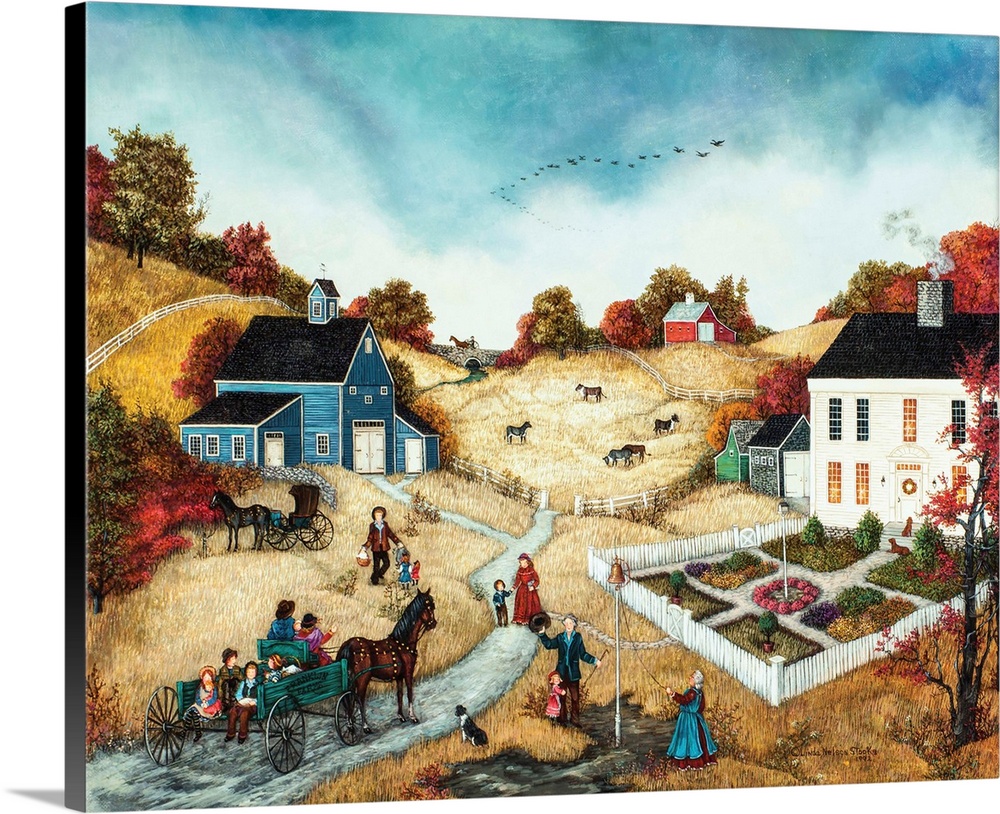 A contemporary painting of a countryside village scene at Thanksgiving.