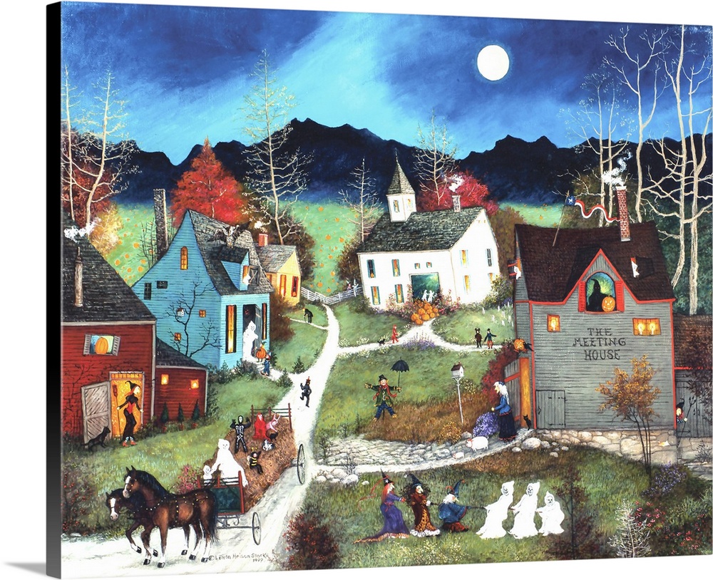 A contemporary painting of a countryside village scene at Halloween.