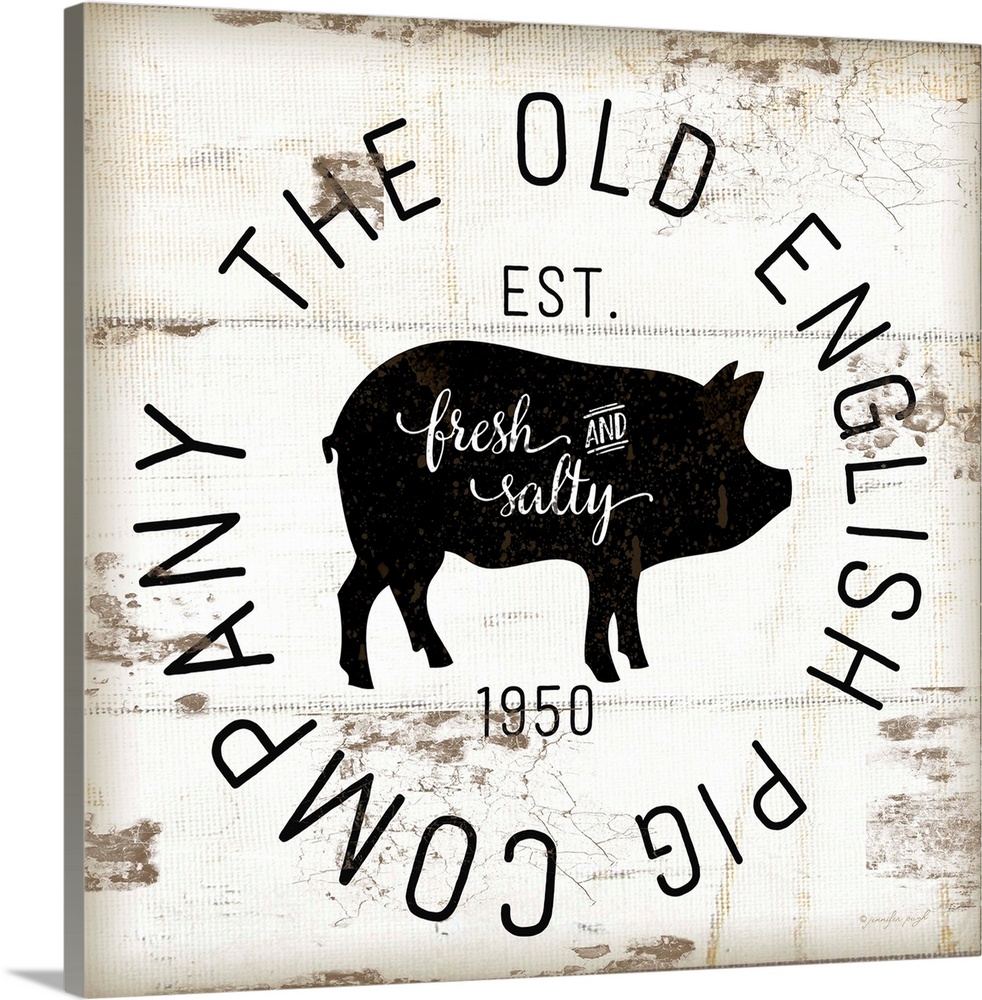 A digital illustration of "The Old Pig Company" on a white shiplap background.