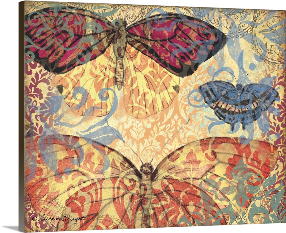 Three Butterflies With Ornate Wings On Decorative Background