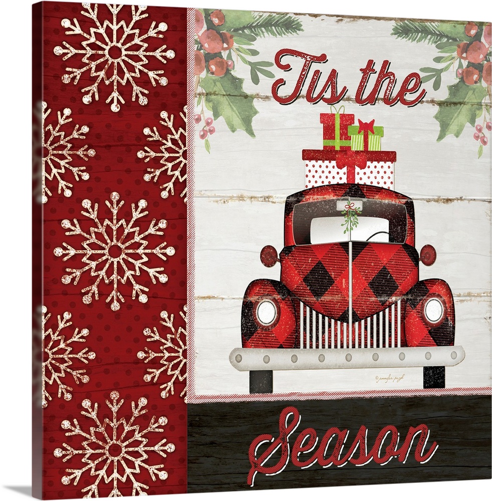 This holiday decor features a plaid patterned truck with presents piled on top and the jubilant phrase, "'Tis the season" .