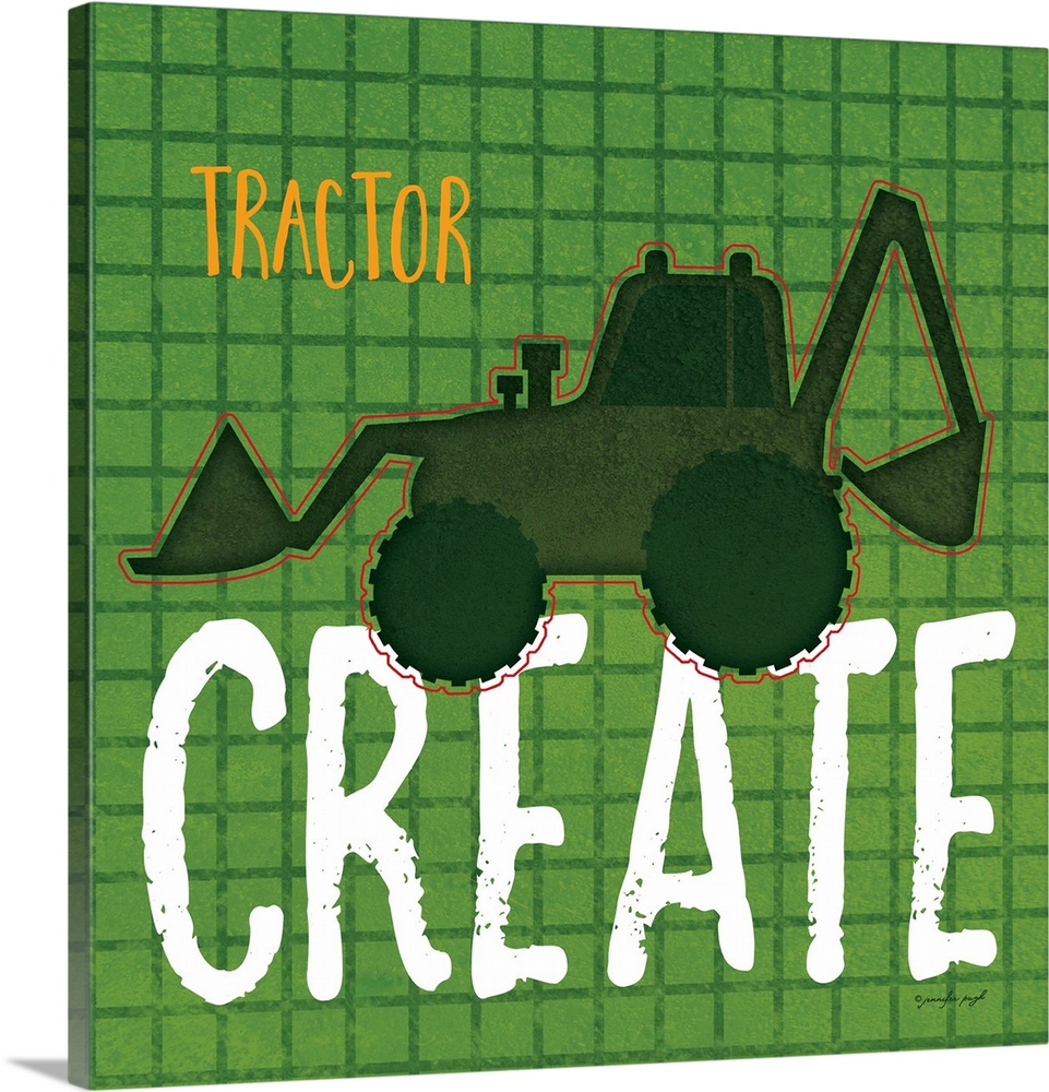 Children's artwork of a construction tractor with the word, "Create" underneath.