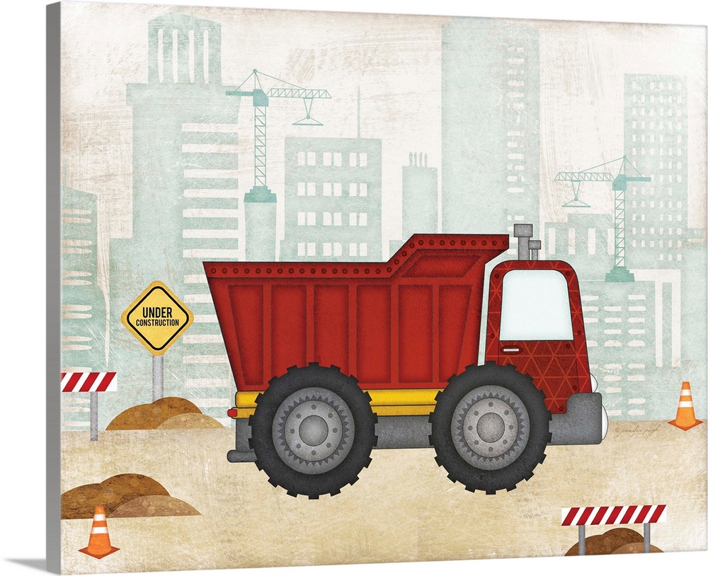 Children's artwork of a dump truck parked at a construction site with a distressed texture throughout.