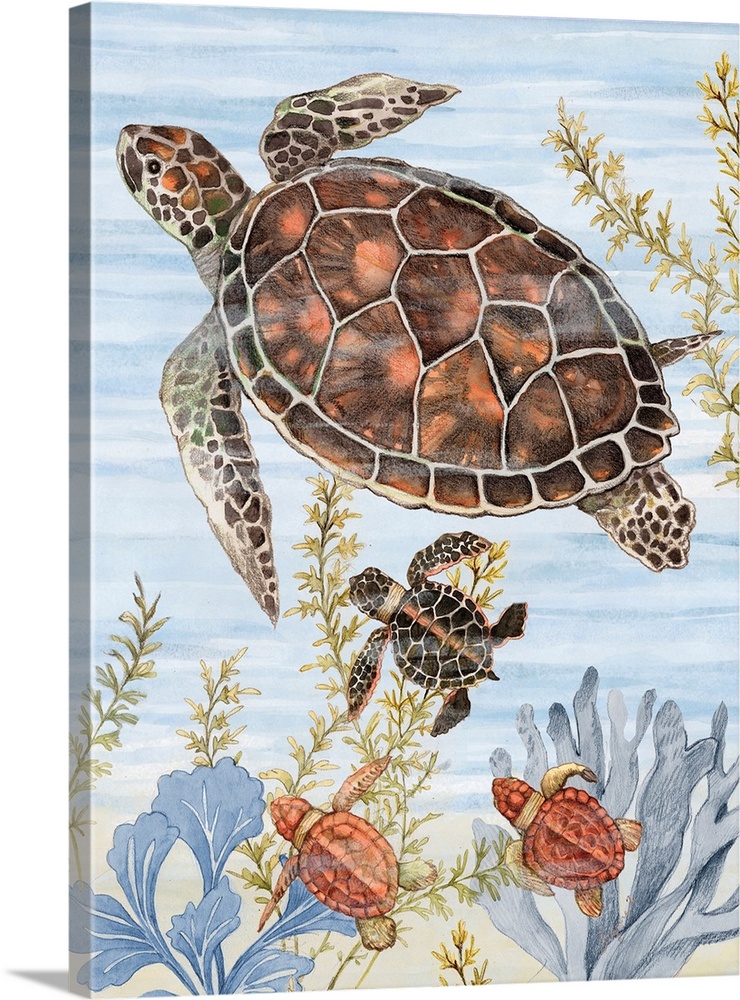 A colorful underwater scene with a charming turtle family is great for coastal decor.