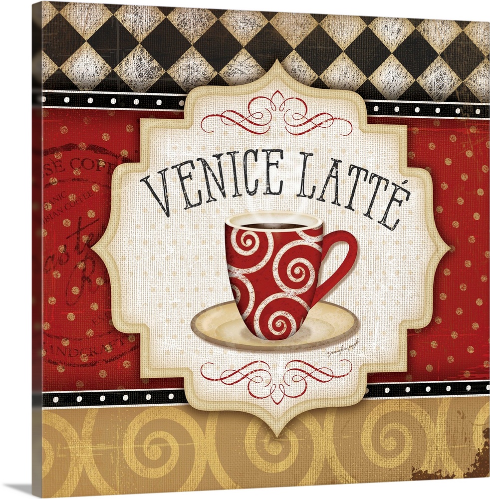 Decorative cafe themed artwork using rich colors and patterns.