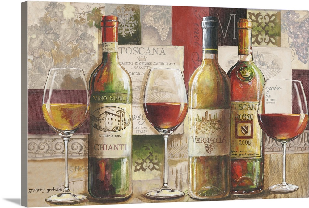 A classic collage treatment gives this wine an elegant look perfect for dining room decor.