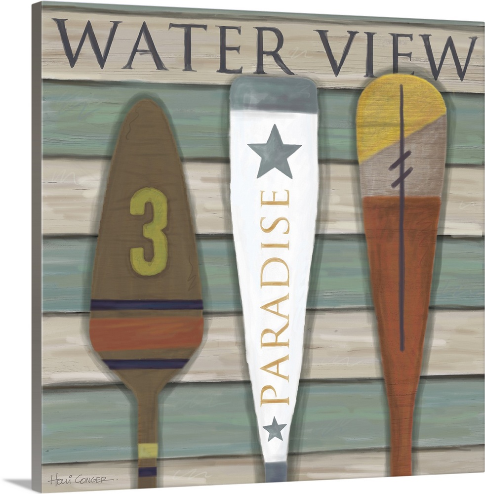 Boat oars are a decorative array for the wall.