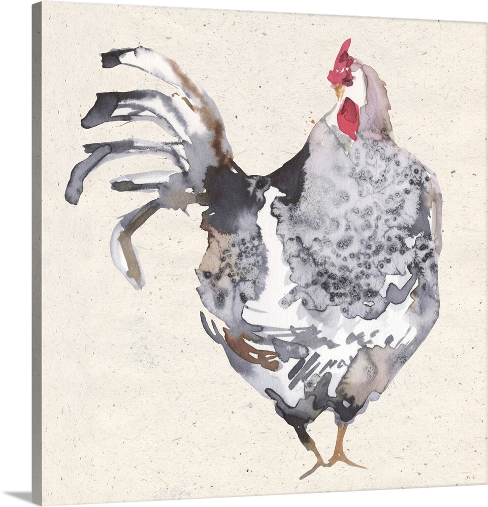 The ever-popular rooster is rendered in a soft watercolor treatment with a neutral palette.