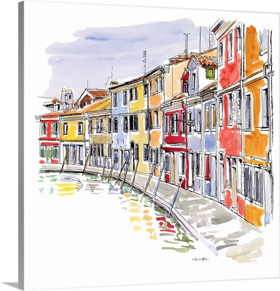 A lovely pen and ink depiction of a European waterway line of homes