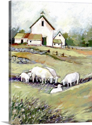 White Barn With Sheep Vertical