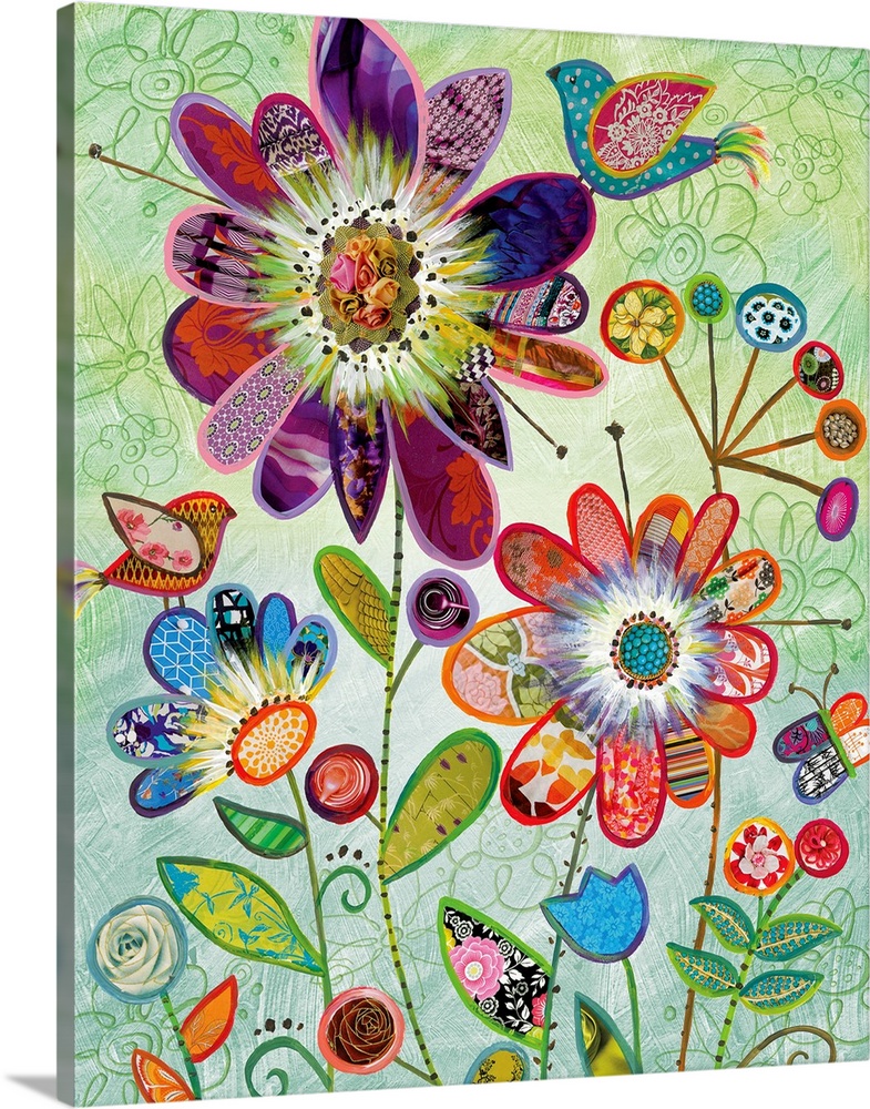 Stylized birds rest on the blossoms of oversized flowers in this kaleidoscope of color and textures collaged together on a...